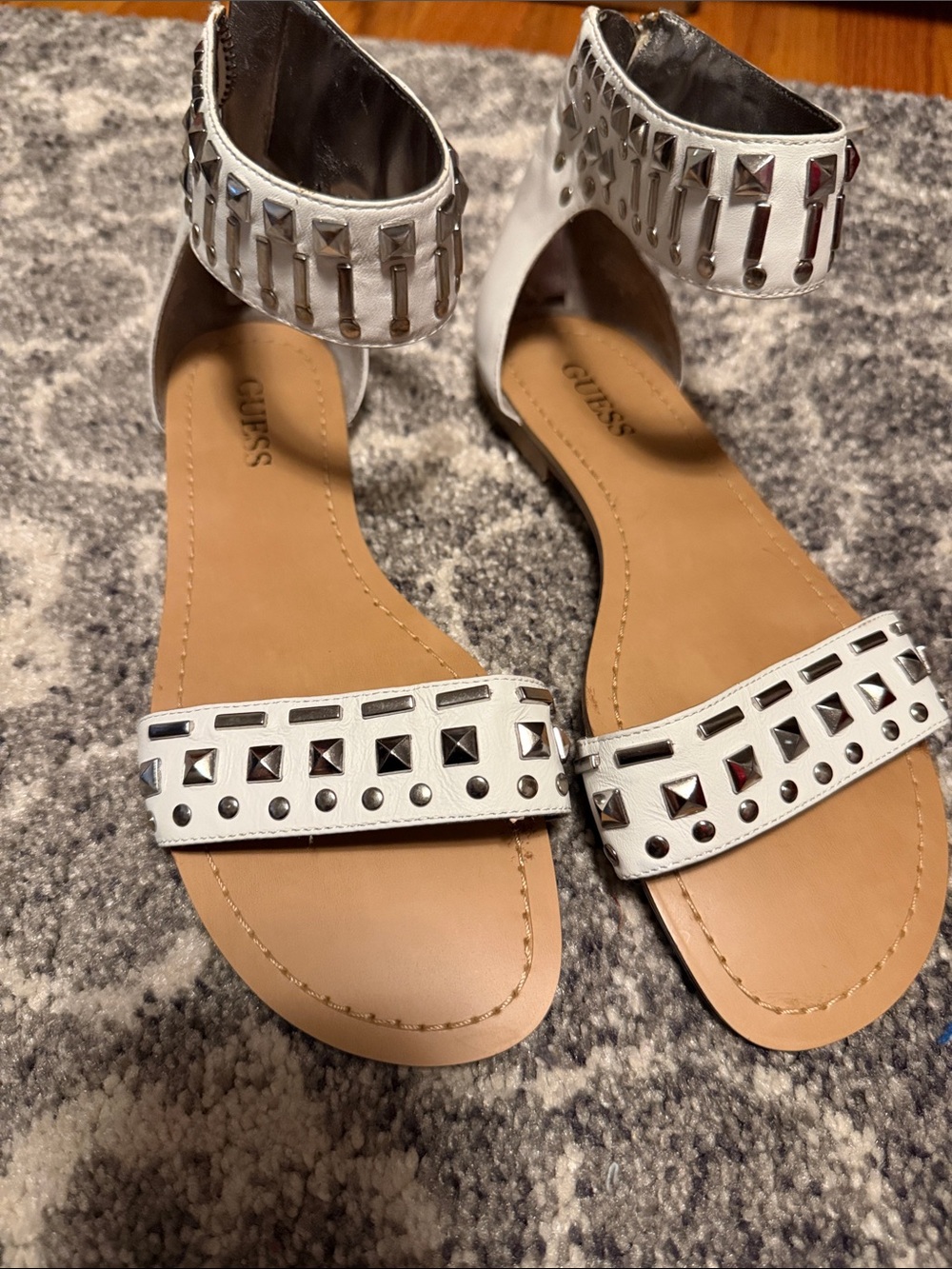 GUESS White Studded Ankle-Strap Flat Sandals